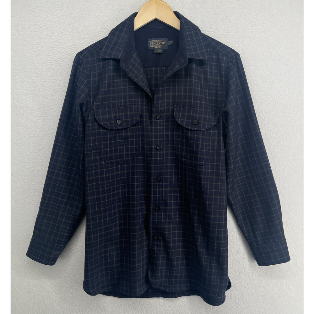 PENDLETON Shirt Mens S Virgin Wool Plaid Flannel Fitted Utility Button Up Blue - Picture 3 of 12